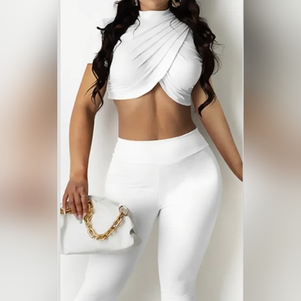 White Solid Split Joint O Neck Short Sleeve Two Pieces